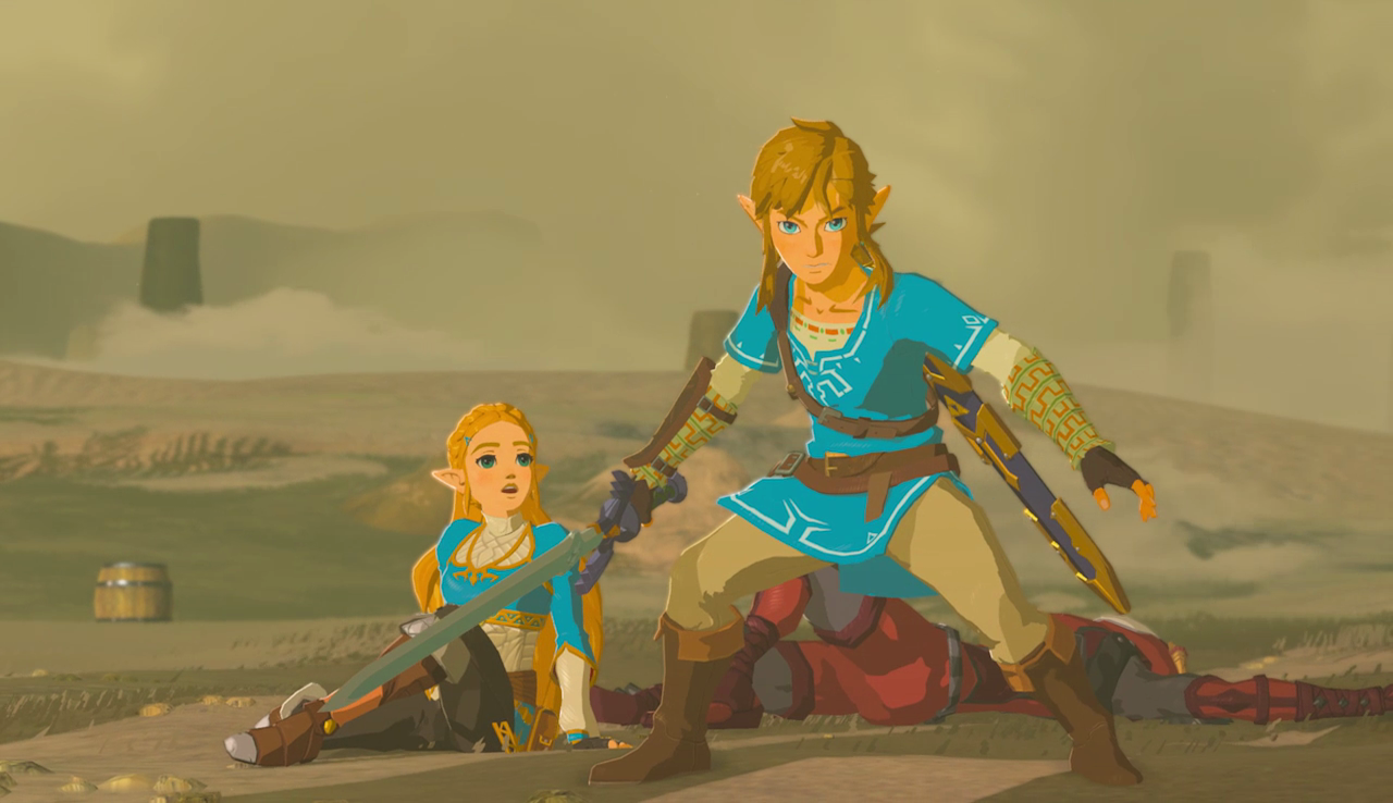Link saving Zelda from Yiga clan members.